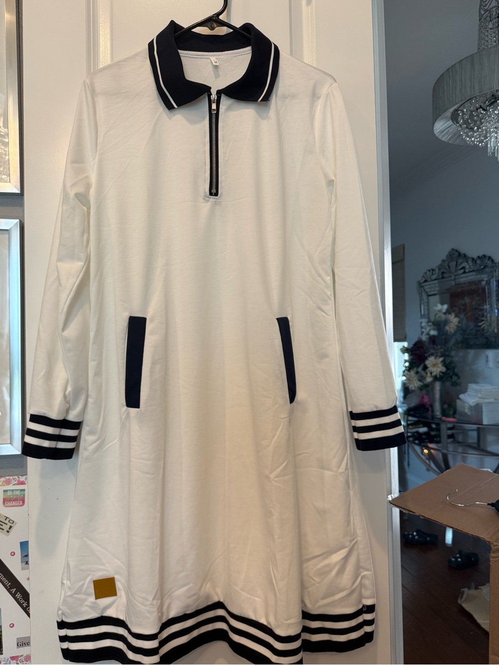 White Polo Zip Dress with black Trim - Picture 4 of 6